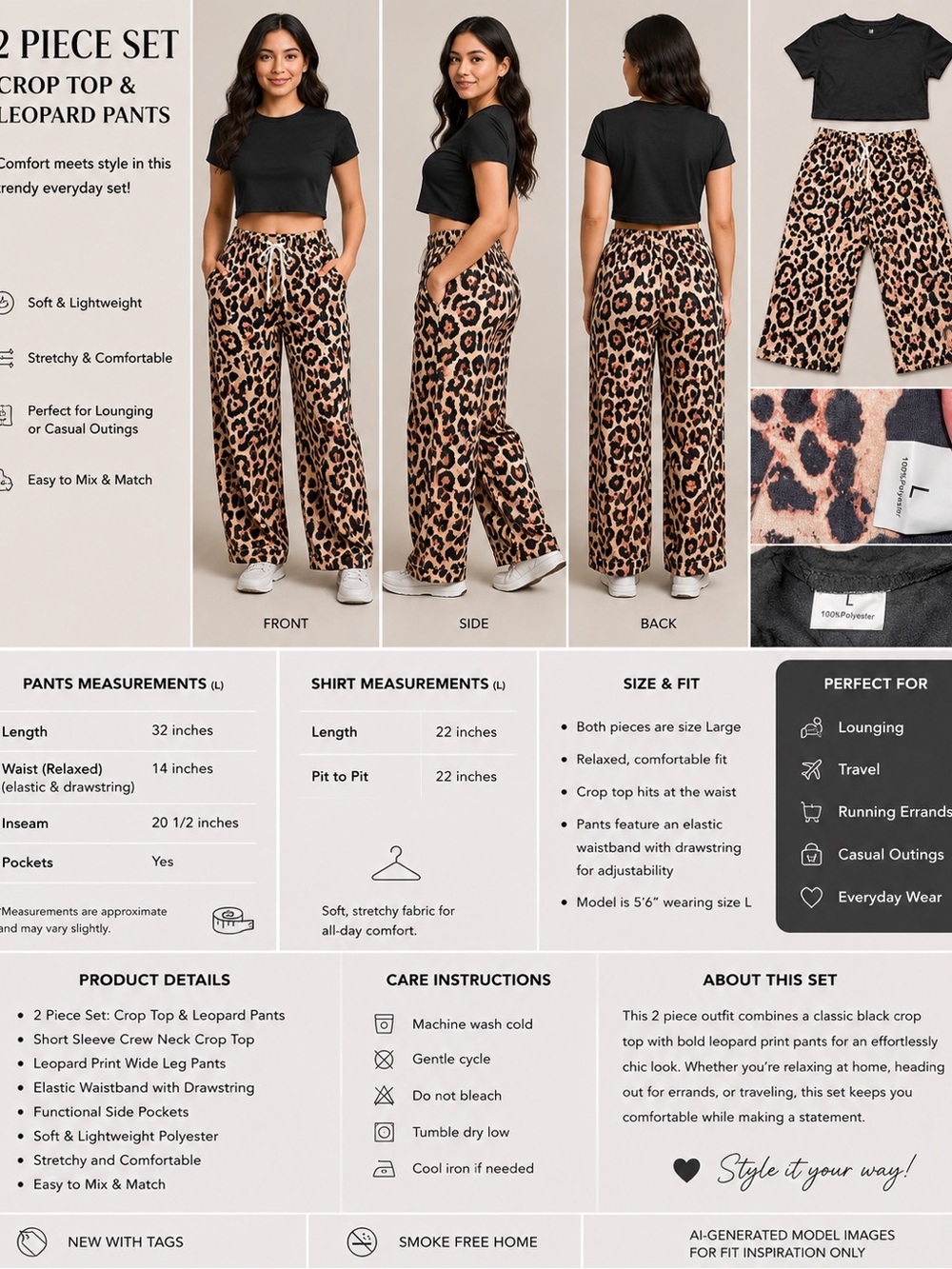NEW 2 Piece Leopard Lounge Set | Size Large | Crop Top & Wide Leg Pants